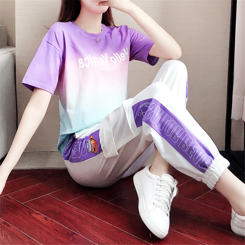 Hong Kong 2022 Summer New Leisure Sports Suit Women Han Version Purple Foreign Fashion T-shirt Short Sleeve Two Pieces