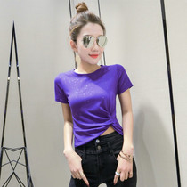 Hong Kong 2021 Summer new womens clothing Han version 100 hitch casual round collar purple short sleeve T-shirt short sexy sashimi