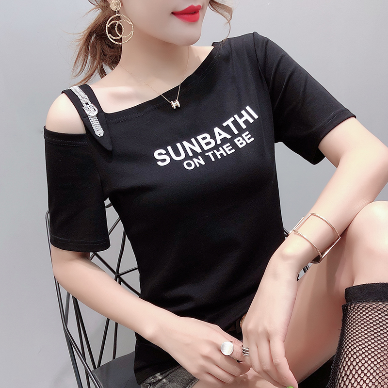 Hong Kong T-shirt women's short-sleeved 2021 summer new sexy off-the-shoulder slim half-sleeve T-shirt all-match top clothes women's clothing