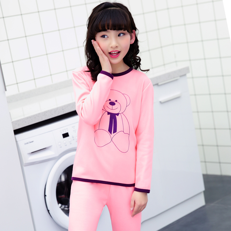 Đồ lót trẻ em bộ đồ lót cotton cho bé gái cotton áo len cho bé Bộ đồ ngủ mùa thu quần dài quần cộng với nhung dày quần áo giữ nhiệt trẻ em