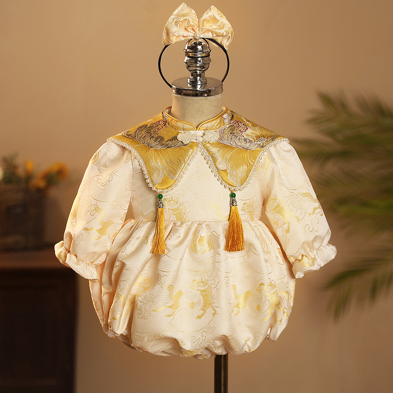 One-Year-Old Baby Girl's Birthday Outfit, Traditional Chinese Tang Suit, Baby's 100-Day Banquet Outfit, Birthday Party Long-Sleeve Romper