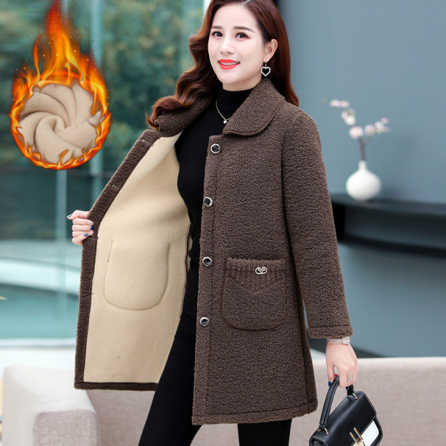 Autumn and winter mother's lamb velvet coat 40 years old and 50 years old middle-aged and elderly women's mid-length thickened grain velvet coat