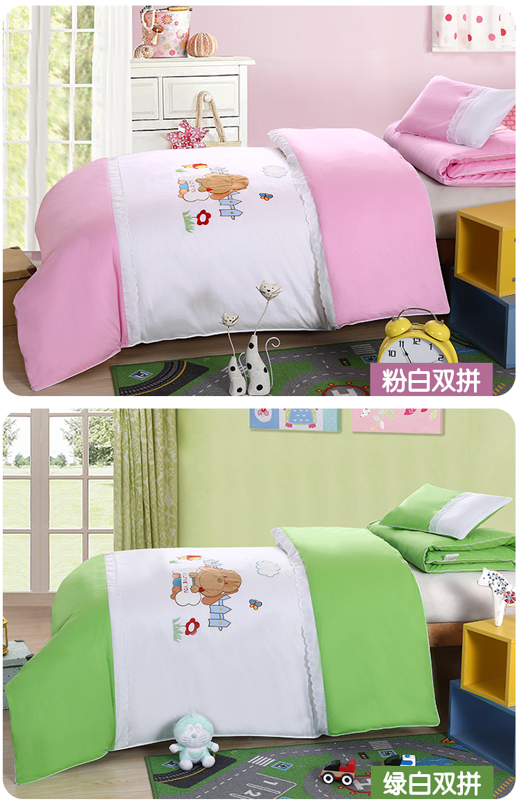 Bông mẫu giáo quilt ba mảnh thiết lập với lõi rắn màu thêu logo trẻ em nap bìa là cotton bé giường mùa đông