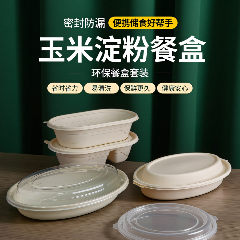 Corn Starch Lunch Box, Environmentally Friendly and Biodegradable, Double-Compartment Box with Dividers, Thickened Fast Food Bento, Oval-Shaped Takeaway Packaging Box