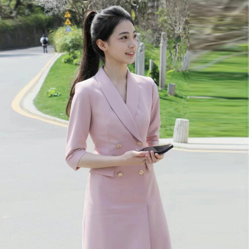 Pink Broadcasting Host Professional Formal Wear Women's Suit Dress with Three-Quarter Sleeves for Art Exam Speech Competition Elegant Gown