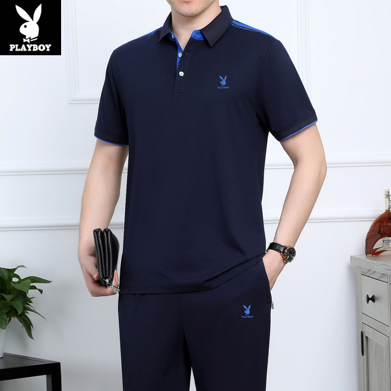 Flowers Playboy Summer Men's Fashion Middle Aged Dad Sports Suit Loose Large Size Pure Cotton Short Sleeve Long Pants Casual Suit