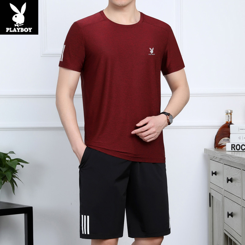 FlorPlayboy Middle-aged Dad Ice Silk Short Sleeve T-shirt Big Size Code Speed Dry Sports Suit Men Loose Casual 50% Pants