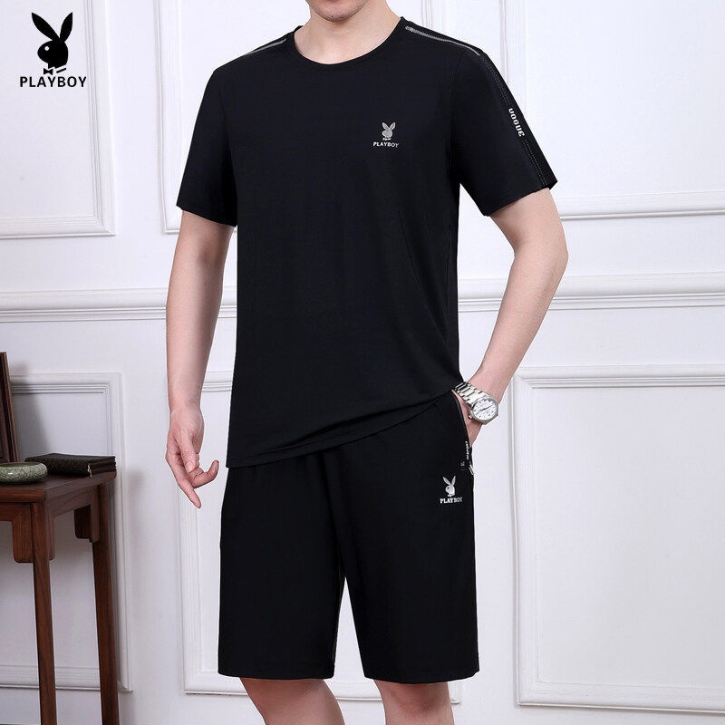 Flower Male Middle Aged Sports Suit Men's Dad Ice Silk Short Sleeve T-shirt Shorts Casual Thin and breathable 50%