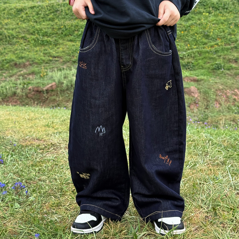 Children's American Retro Embroidered Anti-Fade Jeans, Casual Loose Wide-Leg Pants for Boys and Girls, Trendy Versatile Pants