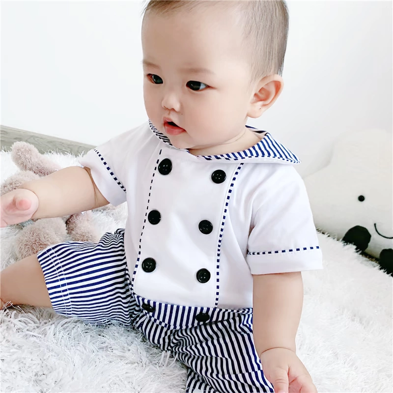 Ba bông hoa nhỏ trẻ sơ sinh bé trai mùa hè cotton hai ngực sọc hải quân romper romper jumpsuit - Áo liền quần