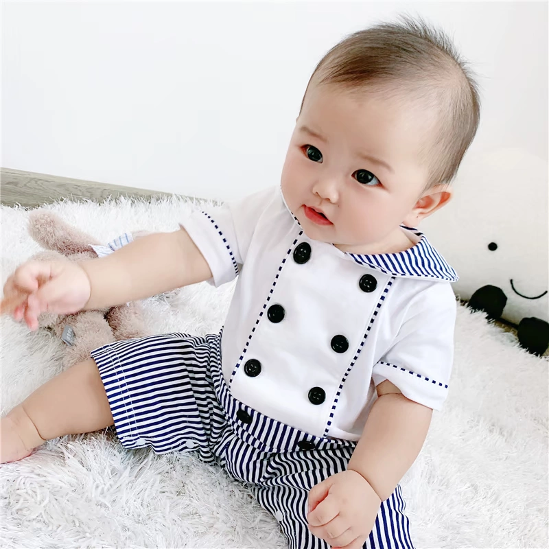 Ba bông hoa nhỏ trẻ sơ sinh bé trai mùa hè cotton hai ngực sọc hải quân romper romper jumpsuit - Áo liền quần