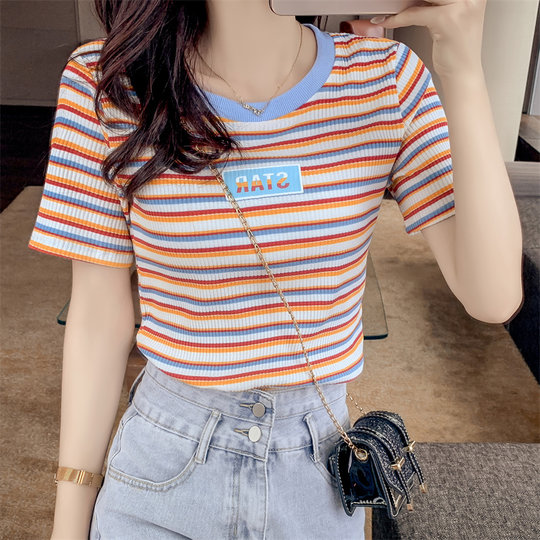 Pure cotton colorful striped short-sleeved T-shirt women's summer wear new Korean version slim fit versatile T-shirt printed short top