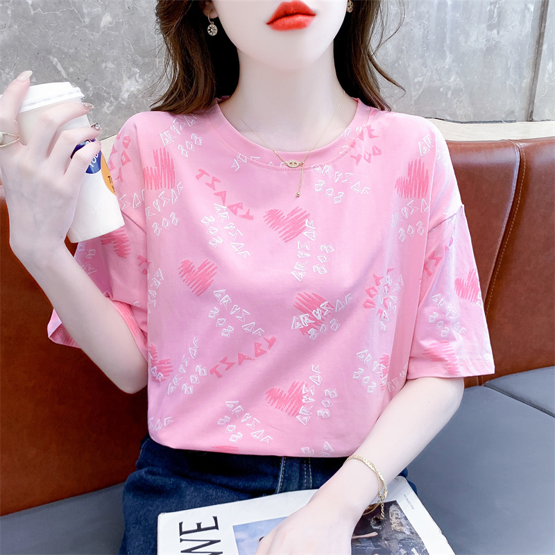 Summer Pure Cotton Short-Sleeve T-Shirt for Women, Loose Fit with Heart Print Design, Stylish and Versatile Pink Top