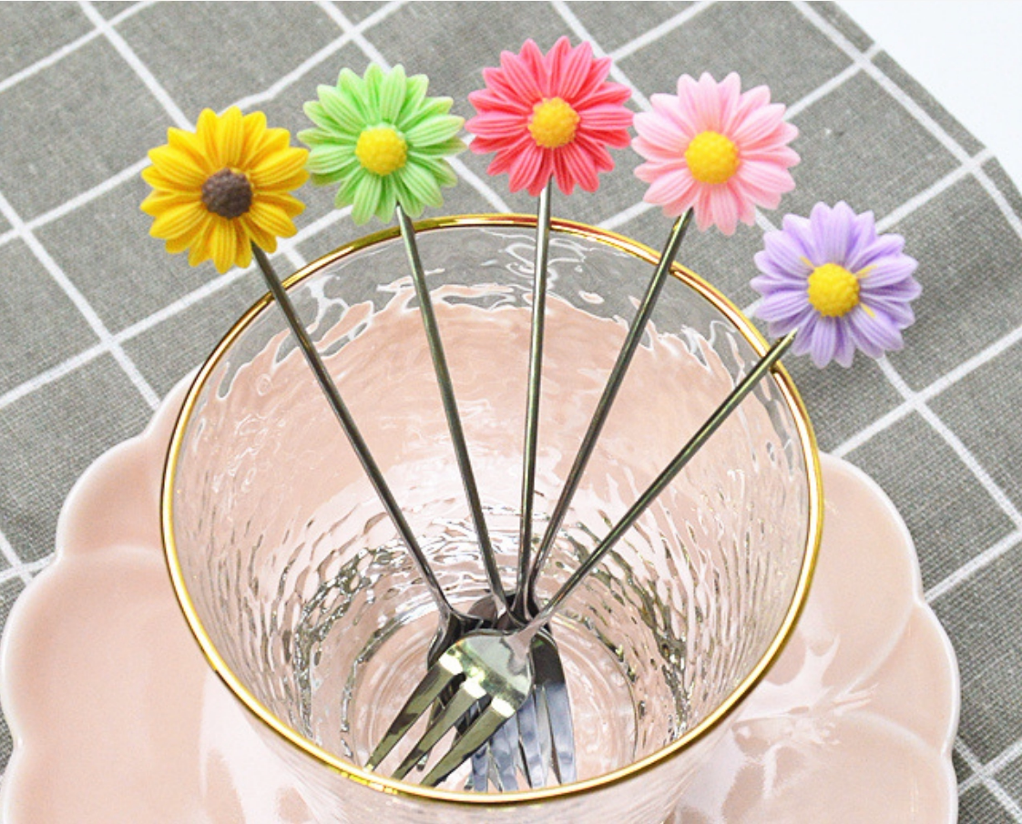 Stainless steel cute sun flower daisies ice cream dessert spoon coffee milk stir fruit fork