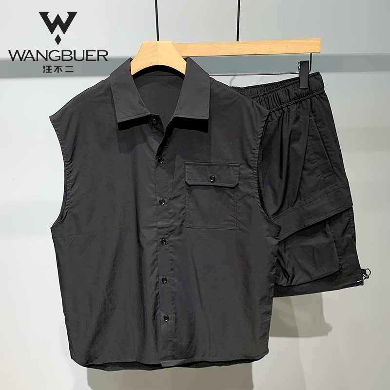 Japanese-Style Workwear Sleeveless Vest Shirt Men's Set Summer Trendy Cityboy Casual Five-Point Shorts Two-Piece Set