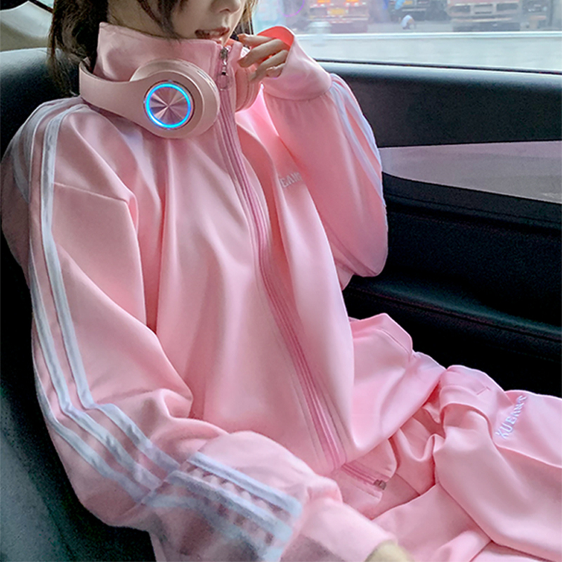 Meetu Fashion Loose Casual Two-Piece Set Zipper Stand Collar Embroidered Jacket Elastic Straight-Leg Pants Sports Suit
