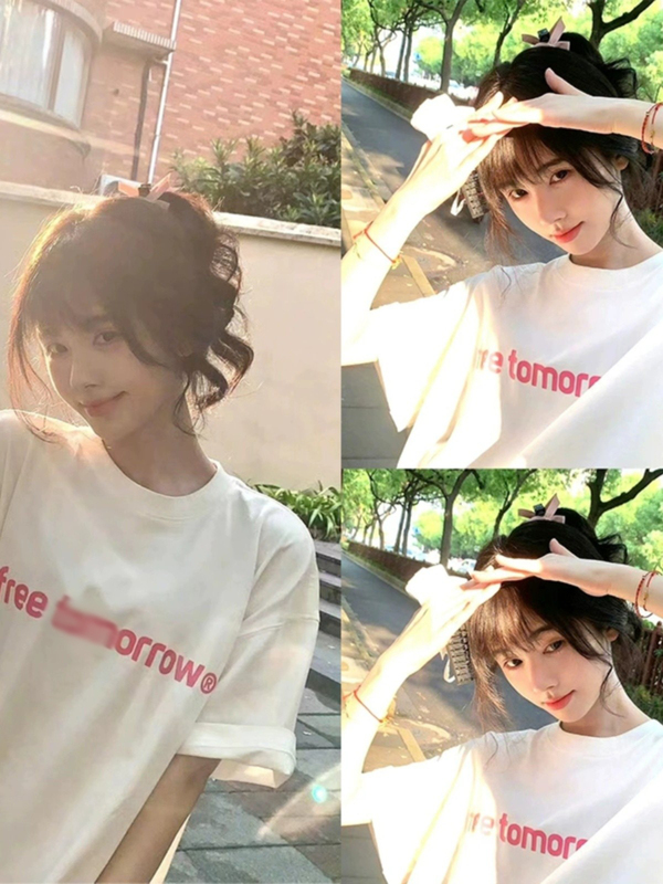 Pink Spring and Summer Letter Print Short-Sleeved Round-Neck White T-Shirt for Women, Versatile Pure Cotton Loose Top