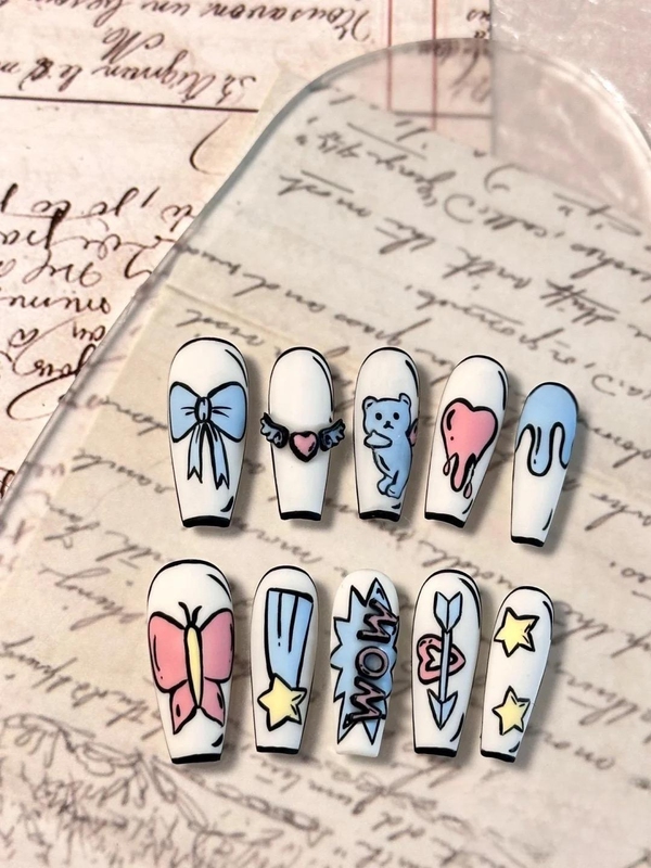 Hand-Painted Comic-Style Wearable Nails, Purely Handmade Wearable Nail Art, Nail Patches, Removable and Reusable