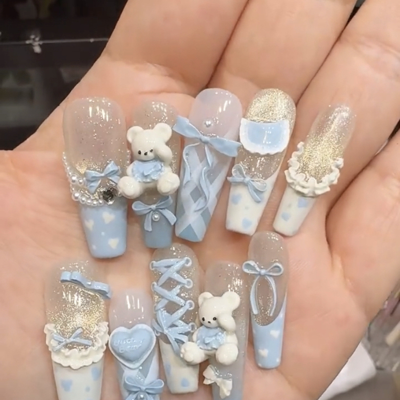 Summer Manicure Blue Bear Handmade Wearable Nails Wearable Manicure Nail Patches Removable and Reusable Summer Manicure Blue Bear Handmade Wearable Nails Wearable Manicure Nail Patches Removable and Reusable