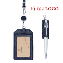 First layer cowhide work card telescopic pull buckle leather lanyard with pen insert leather card student card cover can be printed LOGO