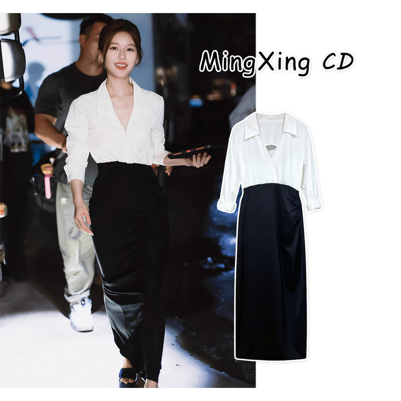 Zhao Lusi's Same Style Black and White Color-Blocked Dress, Celebrity Waist-Cinching High-End Design Niche Xu Yan Shirt Dress Zhao Lusi's Same Style Black and White Color-Blocked Dress, Celebrity Waist-Cinching High-End Design Niche Xu Yan Shirt Dress