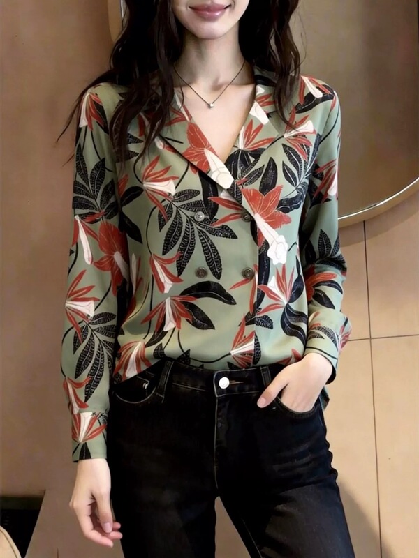 Bean Green Jade Hairpin Flower·Niche Design Shirt with Suit Collar, Double-Breasted, Sand-Washed Silk Crepe Long-Sleeve Shirt