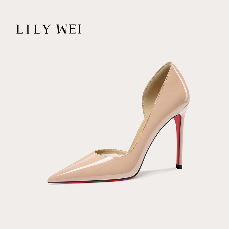 Lilywei【Yingluo】Nude Pink Red-Soled High-Heeled Shoes with Pointed Toe and Side Cutouts, Large Size for Work, New Spring/Summer Women's Shoes