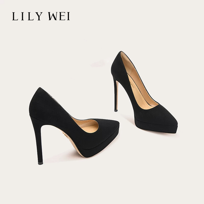 Lily Wei High Heels, Black New Style, Waterproof Platform, Suede, Sexy, Versatile, Sky-High Single Shoes for Women, French Style for Commuting Lily Wei High Heels, Black New Style, Waterproof Platform, Suede, Sexy, Versatile, Sky-High Single Shoes for Women, French Style for Commuting