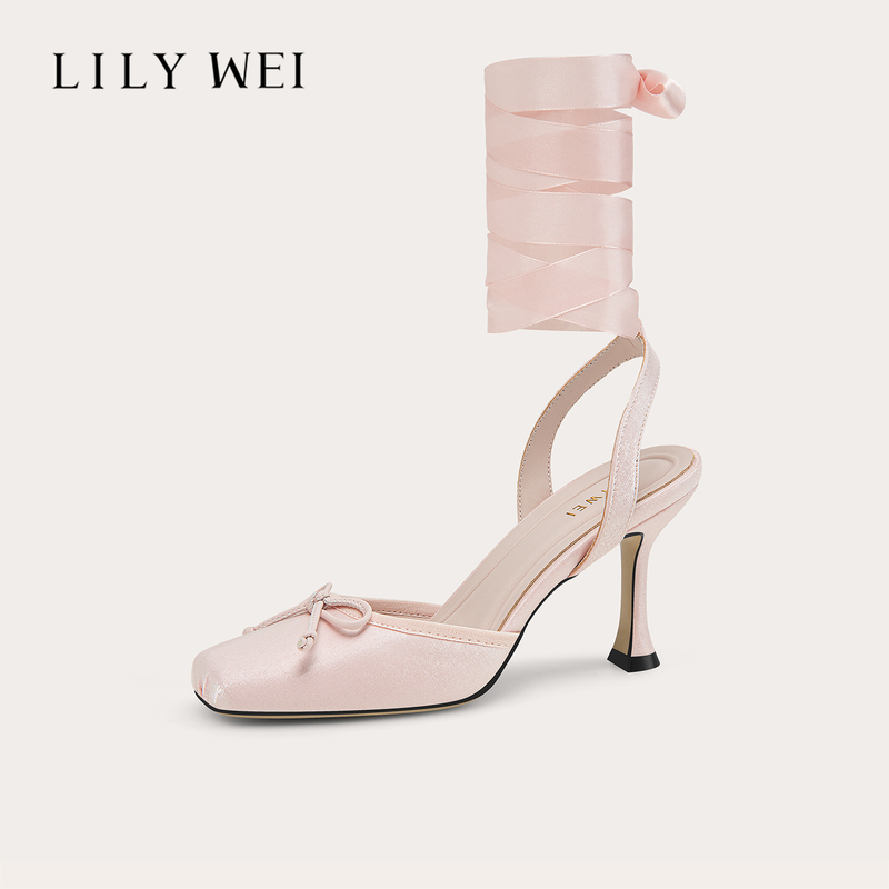 Lily Wei【Satin Ballet】Autumn Comfortable Square-Toe High Heels Pink Strappy Fairy-Style Sandals Lily Wei【Satin Ballet】Autumn Comfortable Square-Toe High Heels Pink Strappy Fairy-Style Sandals