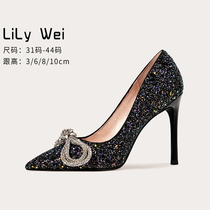 Lily Wei small code bright sheet wedding shoes 313233 fine heel pointed big code high heel shoe 40 bow tie 41 single shoe 43