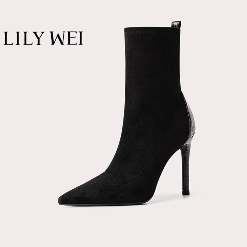 Lily Wei【Black Night】Boots Black Patchwork Pointed Toe Autumn and Winter New Women's Plus Size High Heel Boots Short Boots French Style