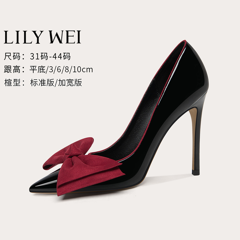 Lilywei【Princess Anne】Black High-Heeled Shoes, Large Size 41-43, Stiletto Heel, Pointed Toe, Red Bow Flats