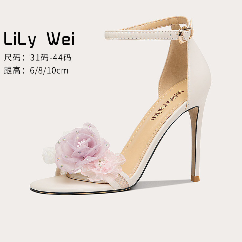 Lily Wei French style small sandal flower high heel shoes with large size women's shoes 41-43 small subwedding shoes summer-Taobao