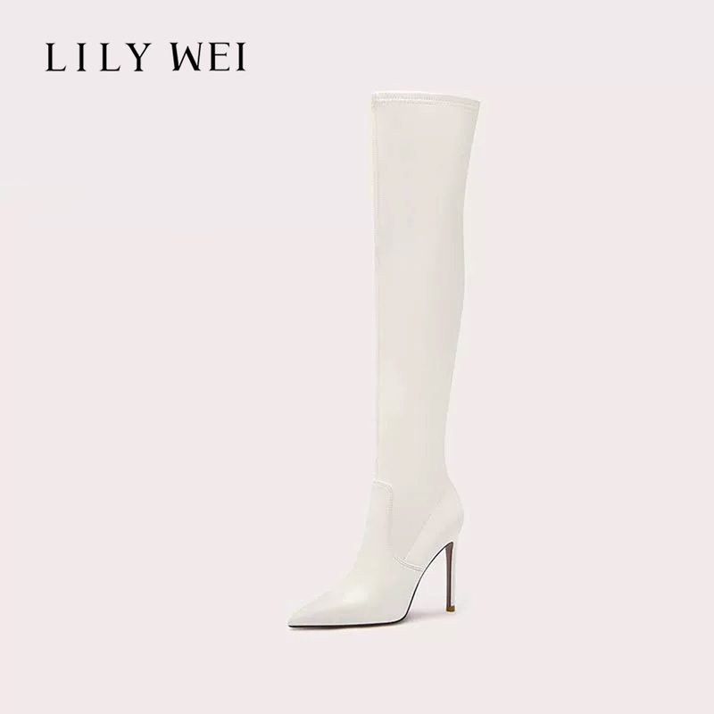 Lily Wei French-Style High-End White Long Boots for Petite Figures, Height-Increasing Pointed-Toe High Heels, New Elastic Slim Boots