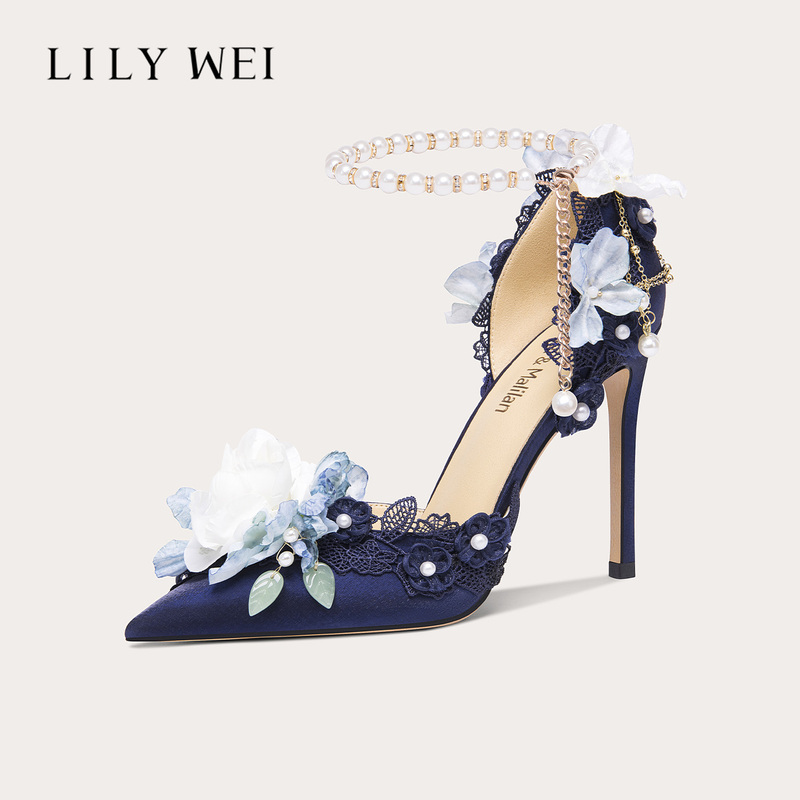Lily Wei【Hanshan Yulan】Blue High Heels Lolita Hollow Strap Sandals Women's New Small Size