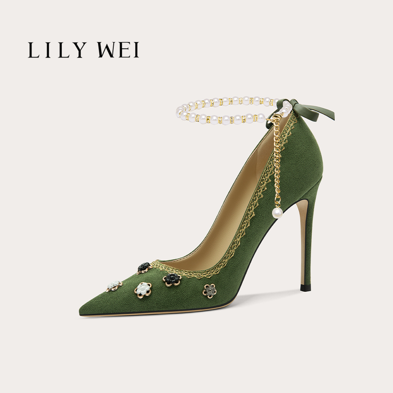 Lilywei Green High Heels with Elegant Pearl Chain, Large Size 41