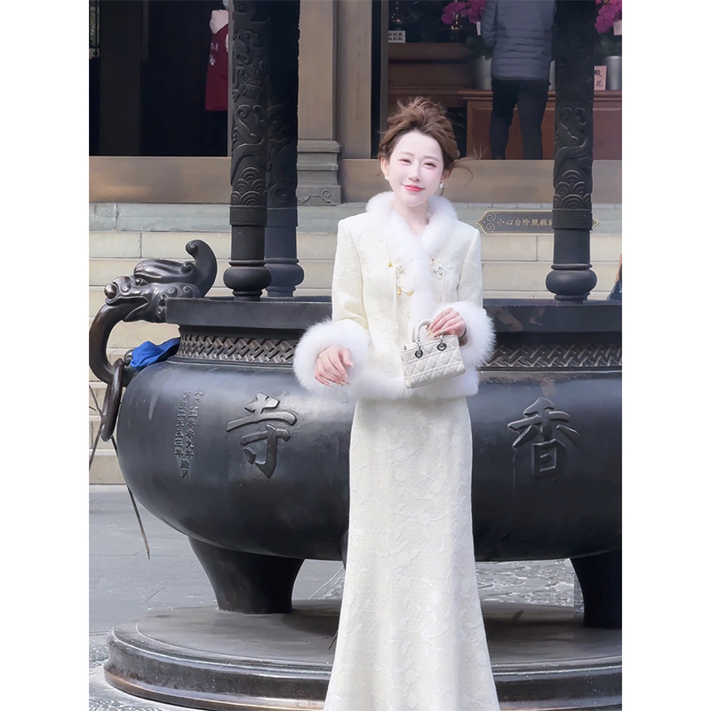 Tinghe【Warm Fragrance Like Jade】New Chinese Style Fox Fur Embroidered down Suit for Women, Winter New National Style down Jacket