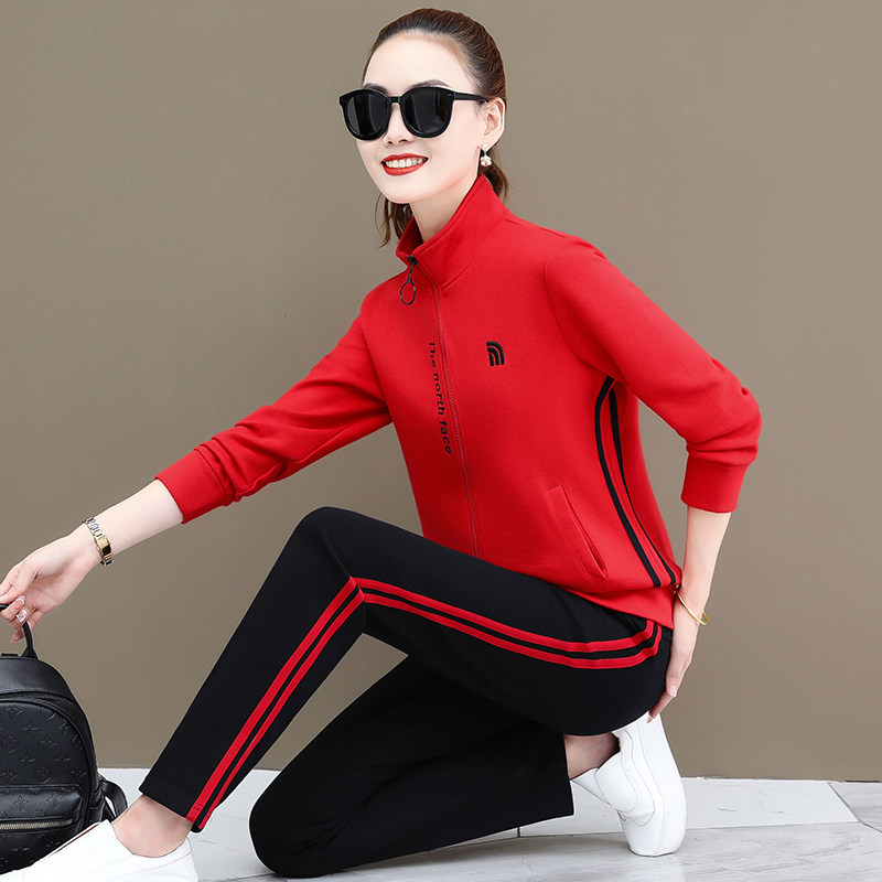 BBQ Sports Suit Women's Spring and Autumn 2022 New Fashion Standing Collar Yangpai Loose Age Reduction Casual Thick Cotton Two-Piece Set