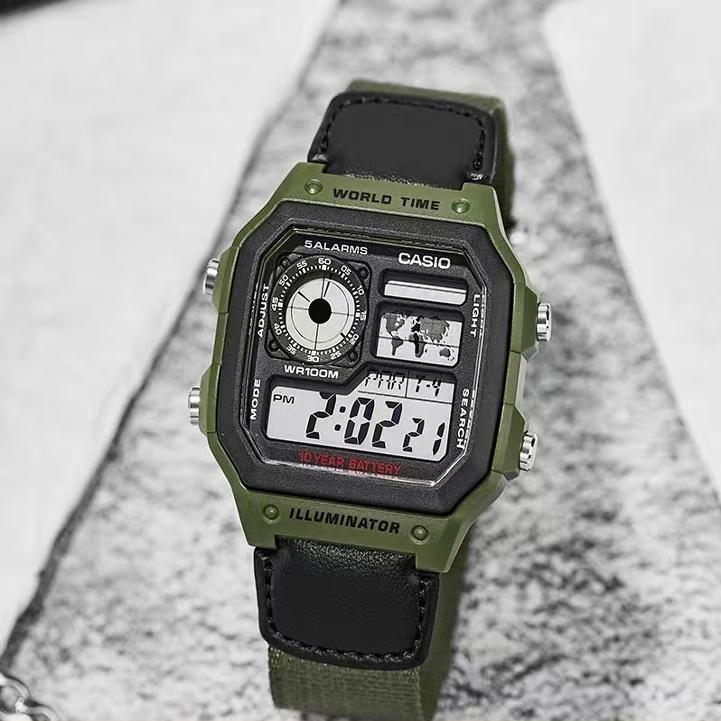 Casio Watch for Men, Canvas Steel Strap, Waterproof, Luminous, Retro Small Square, Same Style as the Popular Model Ae-1200Whb-3B