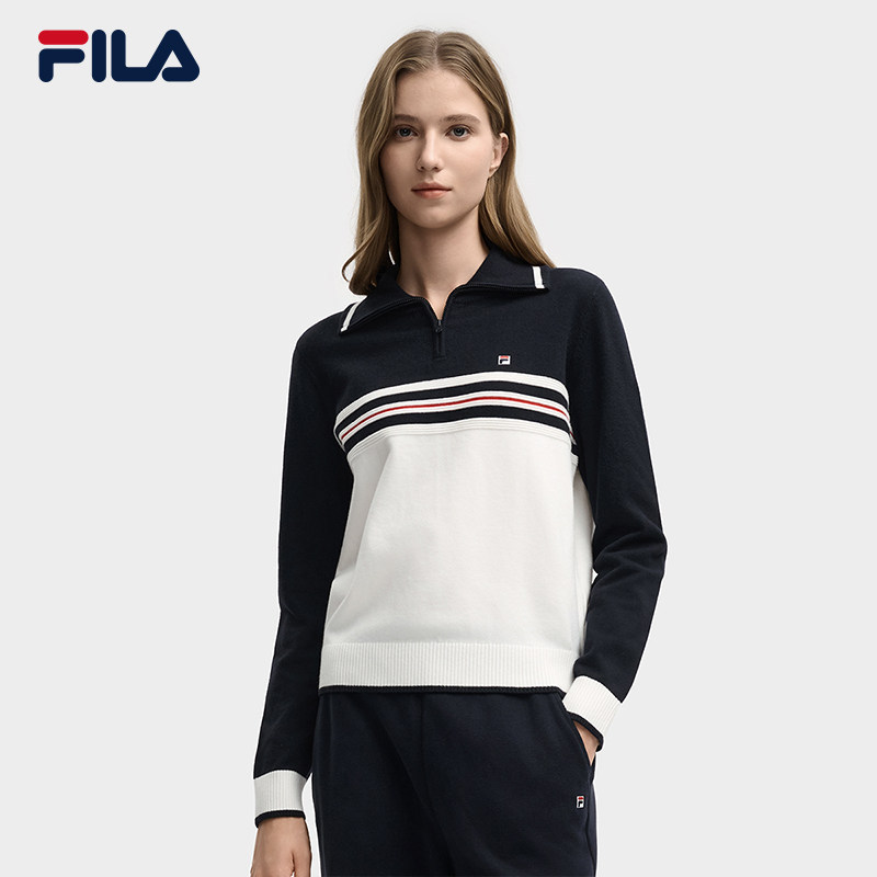 Fila Women's Knitted Sweater 2025 Winter New Fashion Casual Color-Block Comfortable Turn-Down Collar Sweater