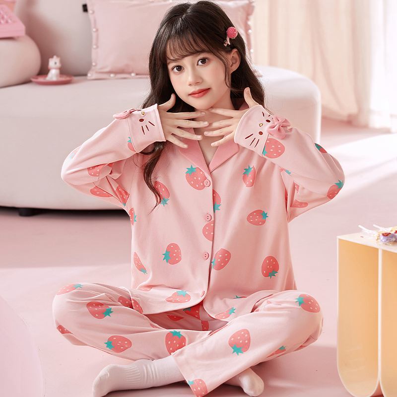 Children's Pajamas for Girls, Spring and Autumn, Pure Cotton, Breathable Cardigan, Home Wear, Suitable for Older and Younger Girls, Air-Conditioned Clothing, Can Be Worn Outside