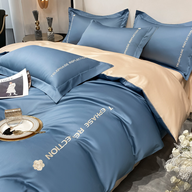 Light and luxurious 4 pieces of pure cotton full cotton high-end atmosphere bed linen Embroidery nude sleep quilt cover bed Hat Bedding