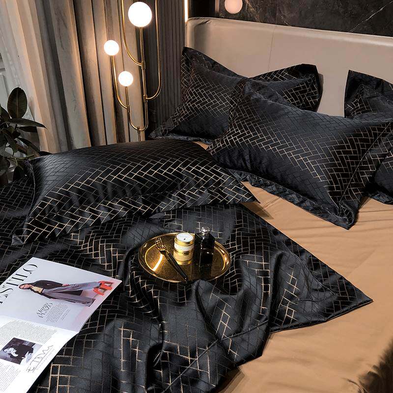 High-end new 100-count pure cotton four-piece cotton simple striped spring and autumn sheets quilt cover European-style bedding 4