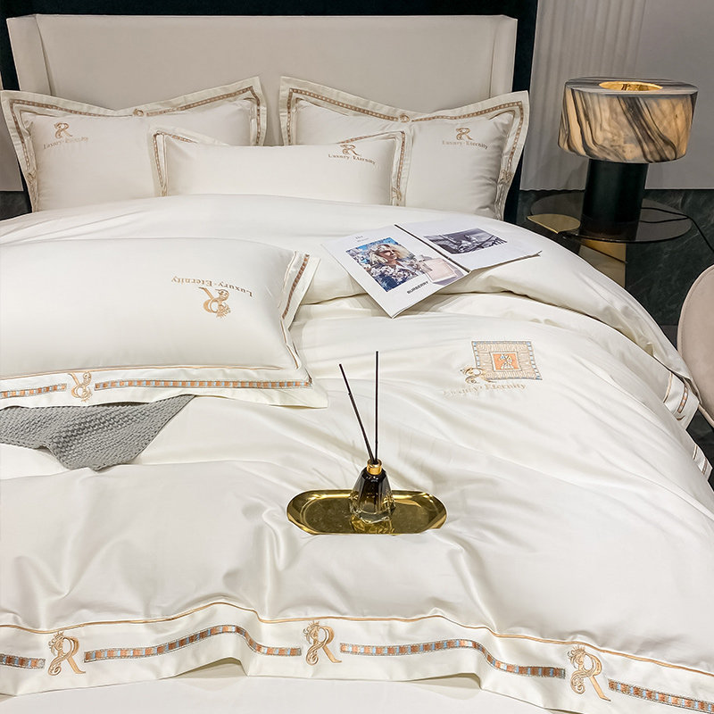 High-end long suede cotton bed with four pieces of full cotton pure cotton pure color simple sheet Quilt Cover Goon Satin Embroidery Bed kit