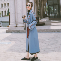 Blue temperament popular trench coat women long 2021 Spring and Autumn New Korean version of British wind knee coat coat tide