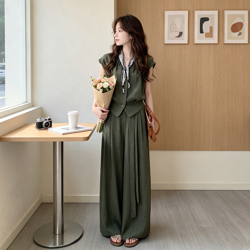 Retro Green V-Neck Top and Wide-Leg Pants Set for Women, Summer New Style, High-End Old Money Style, Slimming Two-Piece Trendy Set Retro Green V-Neck Top and Wide-Leg Pants Set for Women, Summer New Style, High-End Old Money Style, Slimming Two-Piece Trendy Set