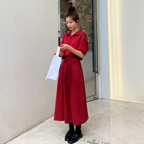 Red Skirt Women Autumn 2020 New French Slimming Shirt Dress Waist Temperament Vintage Long Skirt