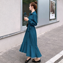 Dark green French slim long sleeve shirt dress female autumn 2020 new high end temperament waist long skirt