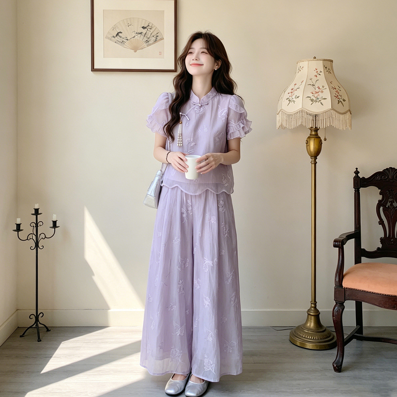 Purple New Chinese-Style Embroidered Top and Wide-Leg Pants Set for Women, Summer New Trendy Style, Elegant Two-Piece Set for Petite Figures Purple New Chinese-Style Embroidered Top and Wide-Leg Pants Set for Women, Summer New Trendy Style, Elegant Two-Piece Set for Petite Figures