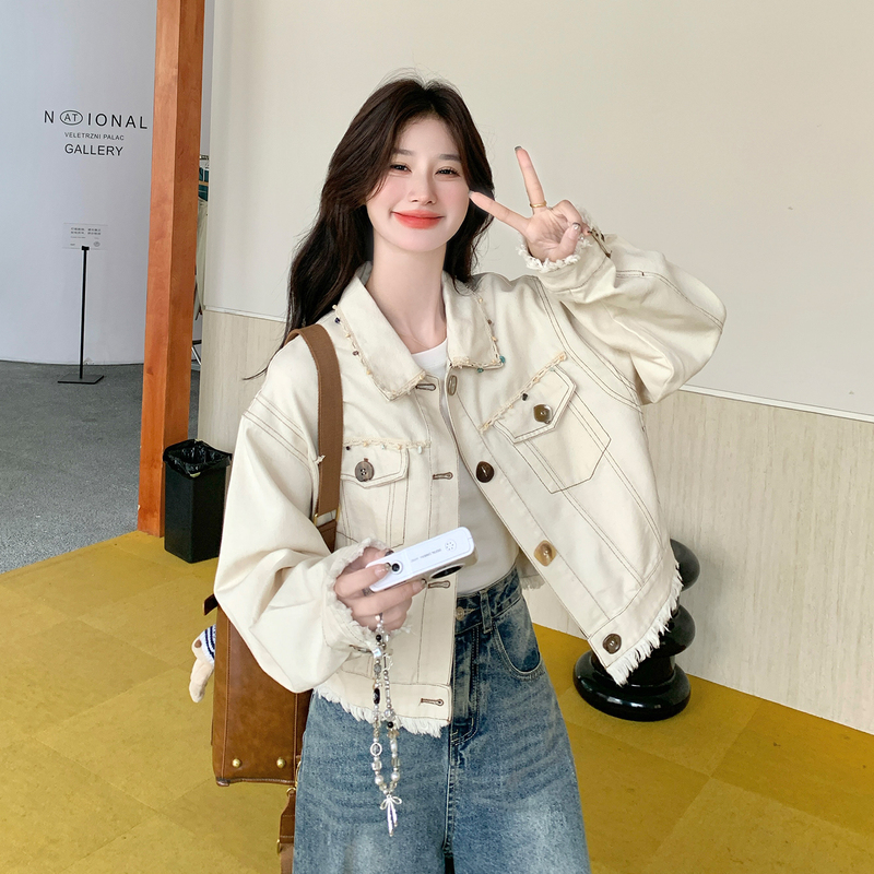 Off-White Designer Tassel Denim Jacket for Women, 2026 Spring New Style, Super Stylish Korean Fashion Jacket for Petite Women
